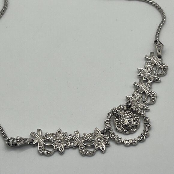 BK Sterling Silver Marcasite Flower Necklace - Picture 1 of 8